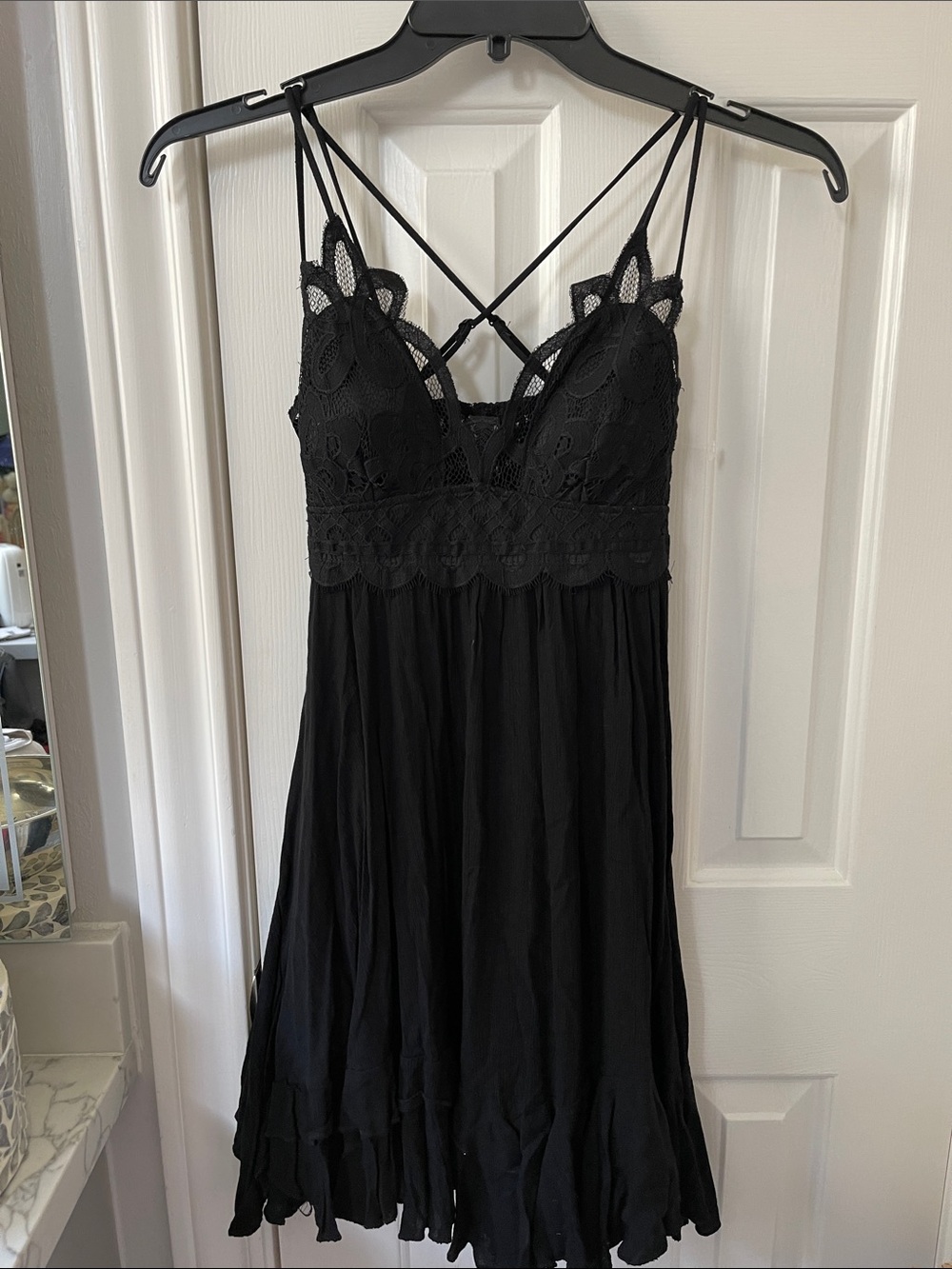 Black Lace-Trim Slip Dress with Crisscross Straps
